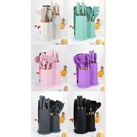 Kitchen Cooking Utensils and Knife Set with Holder Block, 19 Pieces Cooks Cutting Set 11 Pcs Silicone Cooking Utensils Sharp Stainless Steel Knives Scissors Whisk Tongs and Cutting Board (Pink)