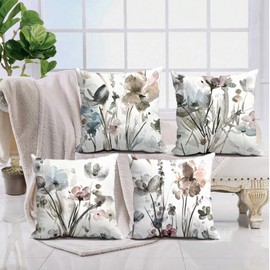 Flower Pillow Covers 18x18, Short Velour Watercolor Floral Pillow Case, Urtra Soft Garden Floral Cushion Covers for Sofa Bedroom Living Room Bay Window Office Car Home Decor, 4 Pack