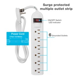 Power Strip with 3 Ft Cord, Flat Plug STEREN Surge Protector with 6 AC 90 Degree Spacious Outlets, 3 Ft Extension Cord for Home Office, Dorm Essentials 240 Joules, ETL Listed White