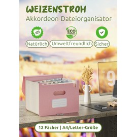 EcoStash Document Folder A4 12 Compartments Wheat Straw Expanding Folder Sorting Folder Colourful File Folder Organiser Accordion File Folder Organiser BPA-Free Back to Nature Healthy Life Strawberry