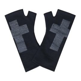 Black Cross Silver 100% Merino Wool Fingerless Gloves, Hand Printed with Dark Silver Cross, Designed by Kate Watts, Made in New Zealand