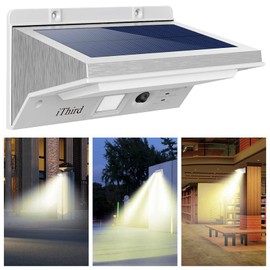 iThird Solar Motion Sensor Light Outdoor, LED Solar Powered Outdoor Lights Solar Security Lights Stainless Steel for Yard Patio Garage Waterproof Motion Detector Flood Light Super Bright(Warm White)