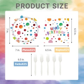 75 Pcs Birthday Party Plates Napkins and Forks Set 7 Inch Rainbow Polka Dot Paper Plates Colorful Party Tableware for Kids or Adults Birthday Baby Shower Holiday Serves 25 Guests