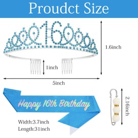 POPOYU 16th Fabulous Birthday Crown Sash Set Blue Tiara Crown Birthday Crown for 16th Birthday Decoration, Princess Crowns Hair Accessories for Women, Birthday Gift, Party Supplies