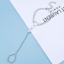 Yheakne Boho Heart Finger Bracelet Silver Slave Bracelet Vintage Pearl Finger Chain Bracelet Summer Ring Bracelet Everyday Bracelet Hand Chain Jewelry for Women and Girls