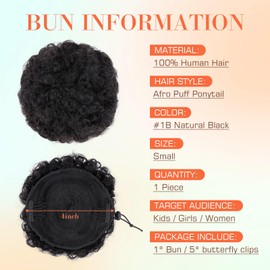 1PC Afro Puff Natural Black Drawstring Ponytail Human Hair Buns for Girls Kids Black Women Small Size Kinky Curly Buns Hairpieces 4 Inch 30G