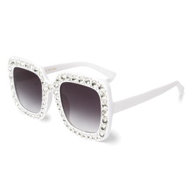 Xpectrum Extra Large Square Elton Crystal Sunglasses Bling Rhinestone Concert Glasses (White Frame/Clear Rhinestone)