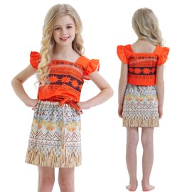 AmzBarley Ocean Advanture Princess Costume for Girls Birthday Dress up Cosplay Outfit Little Kids Two Pieces Skirt Sets (Orange (with Headband), 10(8-9Years))