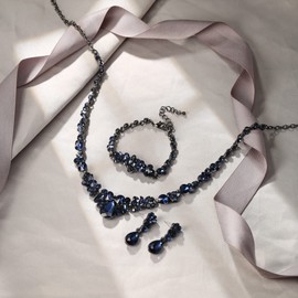 Ever Faith Bridal Jewelry Set for Bride, Elegant Crystal Teardrop Costume Prom Party Necklace Dangle Earrings Bracelet Sets for Women Sapphire Blue Black-Tone