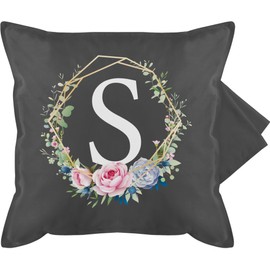 Cushion Cover – Gift Initials – Cushion – Flower Wreath with Letter S – 50 x 50 cm – Grey – Cushion Covers Letters Initial Letter and Flowers Cushion Cover Letter Cushion Cover