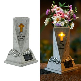 Solar Cemetery Vases for Grave 9 inch Resin Flower Holder Outdoor Vases with Drain Hole & Cruciform Solar Light Gave Decorations for Cemetery Headstone Tomb Day of The Dead Memorial Gifts (Vase)