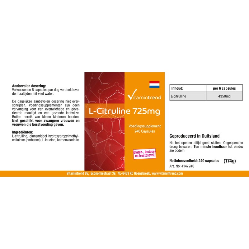 L-Citrulline 725 mg – 240 Capsules – Vegan – High