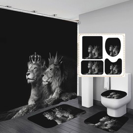 RinRinfam 4Pcs Wild Animal Shower Curtain Set, Crown African Lion Couple Curtain with Non-Slip Rug,Toilet Lid Cover,U Shape Mat,Waterproof Shower Curtain with 12 Hooks Bathroom Decor Sets,Black