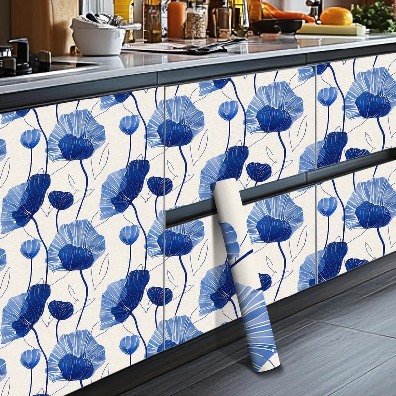 HOMETITUTE Blue Flower Wallpaper Peel and Stick Minimalist Botanical Contact