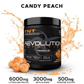 Revolution Nutrition, TNT, Pre-Workout Powder, Pumps & Strength, Extreme Intensity, Hyper Concentrate, Citrulline Malate 2:1, Beta Alanine, Agmatine Sulfate, Caffeine, For Men & Women, 255g, 30 Servings (Candy Peach, 0.56 Pound)
