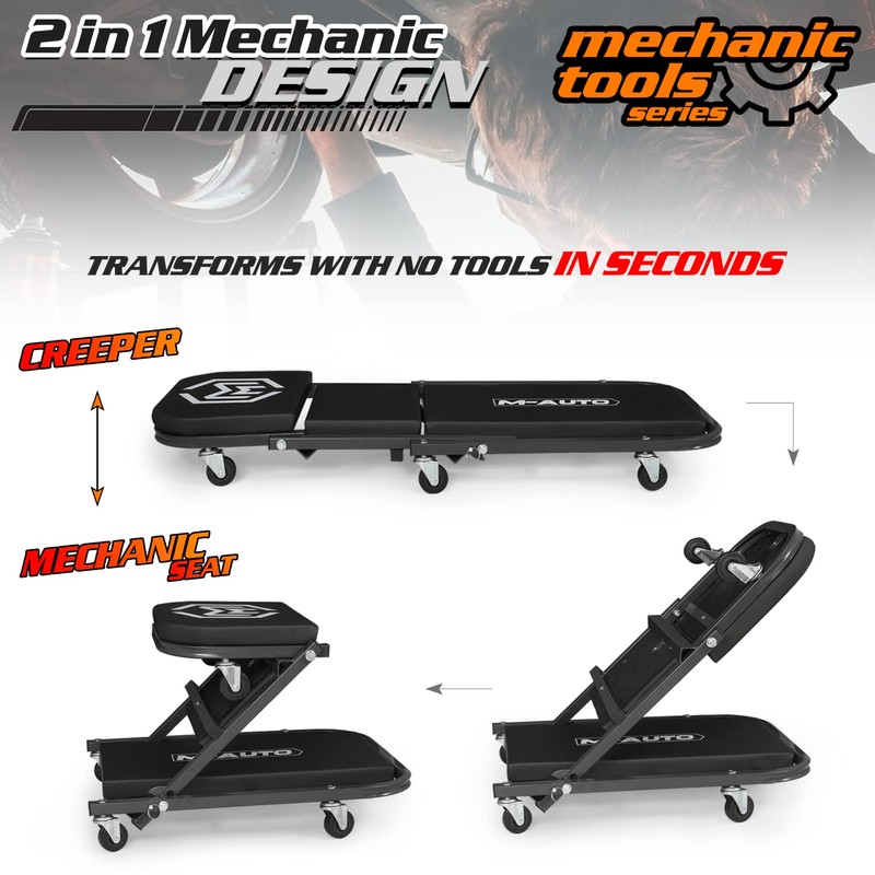 M-AUTO 40-Inch Folding Creeper Rolling Seat, All-in-One Adjustable Roller Garage