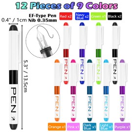 Mulaibdin Pack of 12 Disposable Fountain Pens, 9 Colours, Fountain Pen, Primary School, Calligraphy Fountain Pen Set, High-Quality Coloured Pens for Sketching, Doodling, Journaling, Gifts (0.35 mm)