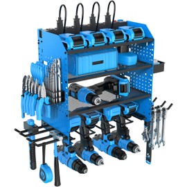 Heavy Duty Power Tool Organizer Wall Mount with Charging Station, 4 Layer Garage Storage Adjustable Shelves Height, Holds 4 Drills, 2 Hooks, Screw & Screwdriver box, Gifts for Fathers Day, Anniversary