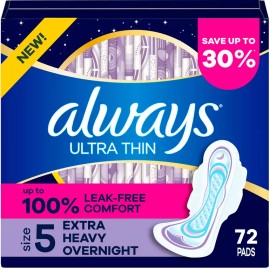 Always Ultra Thin Extra Heavy Overnight Pads with Wings, Size 5, 72 ct.