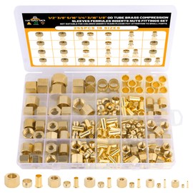 HASAOMOI 255PCS Brass Compression Sleeves Ferrules Inserts Nuts Fittings for Tube OD 1/2" 3/8" 5/16" 1/4" 3/16" 1/8", 6 Sizes Hose Compression Fitting Brass Ferrule Kit