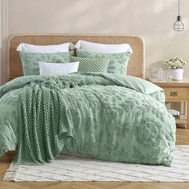 Peri Home 100% Cotton 3-Piece Duvet Cover and Sham Set, Full/Queen, Sage Chenille Laurel