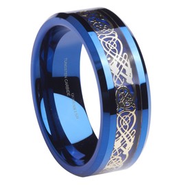 Queenwish Mens 8mm Tungsten Carbide Ring Blue Carbon Fiber Gold Plated Celtic Dragon Wedding Band Size 12