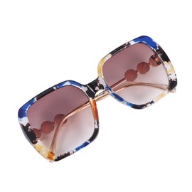 FRCOLOR Fashionable Sunglasses for Women Durable Outdoor Square Glasses with Blue Floral Frame Tea Color Lens Pearl Decorative Design for Summer Sun Protection