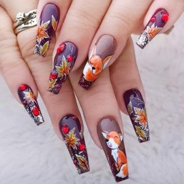 Press on Nails Long Coffin MABKJLF Autumn Fake Nails False Nails with Maple Leaves Fox Glitter Rhinestones Designs Glossy Glue on Nail Fall Acrylic Nail for Women Girls 24Pcs