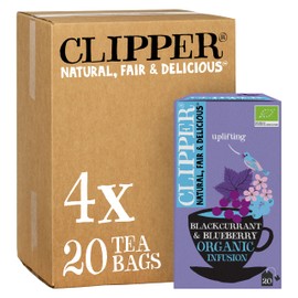 Clipper Organic Blackcurrant & Blueberry Infusion Fruit Teabags / 80 Infusions Tea Bags (4x Boxes of 20) / Caffeine-Free Herbal Tea/Natural, Unbleached, Plastic Free