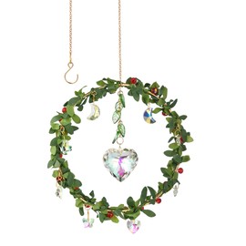 Decorative Floral Crystal Suncatcher, Green Leaf Garland with Red Flowers and Rainbow Prisms (1, Heart)