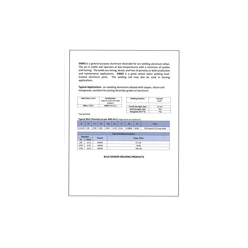 Blue Demon E4043 1/8" x 14" 5LB Plastic Aluminum Covered