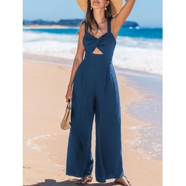 CUPSHE Women's Jumpsuit V-Neck Sleeveless Cutout Front Twist Wide Leg Summer Elegant Jumpsuit Blue M, navy, M