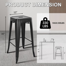 Elevon 30 Inches Metal Bar Stools, High Backless Stools, Indoor Outdoor Stackable Kitchen Stools, Set of 4, Black