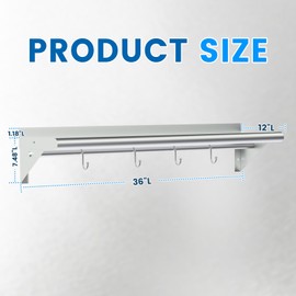 Treshin Stainless Steel Shelf with 4 Hooks 12 x 36 Inches, Commercial Wall Mount Floating Shelving Storage Pot Rack for Restaurant, Kitchen, Home, Bar and Hotel