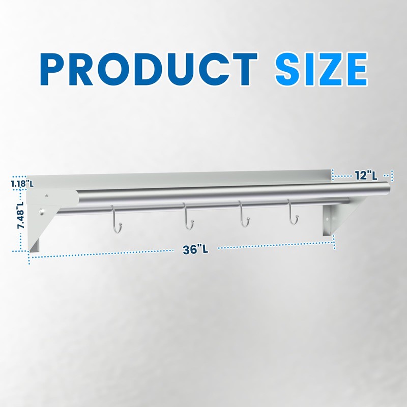 Treshin Stainless Steel Shelf with 4 Hooks 12 x 36