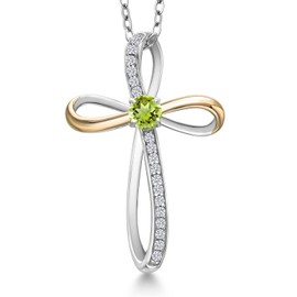 Gem Stone King Infinity Cross Necklace For Women | 925 Sterling Silver & 10K Yellow Gold | 4MM Round Gemstone Birthstone & Lab Grown Diamond Cross Faith Pendant Necklace | With 18 Inch Chain