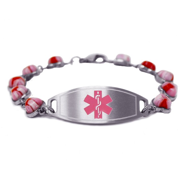 My Identity Doctor - Custom Engraved Medical ID Bracelet for Women - 1.2cm Steel & Glass Hearts - Pink - Wrist Size 7 Inch