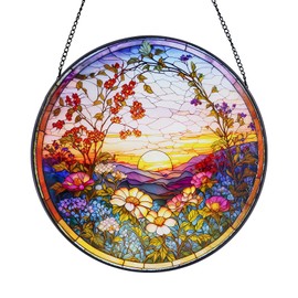 Stained Glass Window Hanging Sunset Suncatcher, Renyalora 10 Inch Round Real Glass Panel with Mountain Landscape and Wildflower Sun Catcher for Indoor Windows, Home, Garden, or Outdoor Wall Decor