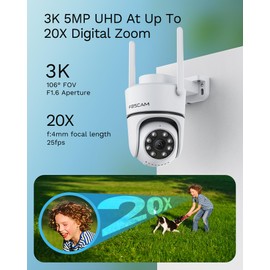 Foscam PD5 3K Security Cameras Wireless Outdoor, 2.4G/5G WIFI Camera for Home Security, Auto Tracking 20X Zoom, AI Motion Detection, 2-Way Audio, 360° PTZ, 66ft Color Night Vision IP65 Work with Alexa