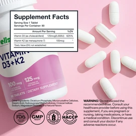 Wellsgoing Vitamin D3 + K2 Supplement, 5000 IU (125 mcg) Vitamin D3, D3 and K2 Softgels for Bone, Teeth, Muscle & Immune Support, 90 Tablets (90 Day Supply)