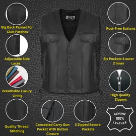 BYKR Leather Motorcycle Vest for Men & Women Biker Vests For Everyday Motorbike Riding Club All Purpose With Adjustable Sides (Large)