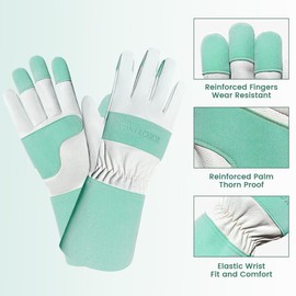KKOYING Gardening Gloves, Long Thorn Proof Gardening Gloves for Women and Men, Goatskin Breathable Leather Work Gloves for Gardening, Pruning, Yard Work, Turquoise, S