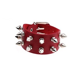 Tanyoyo Unisex Spike Studded Rock Punk Biker Wide Strap Leather Bracelet Gothic Rivet Buckle Wristband (RED)