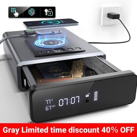 Grimtron Biometric Safe with LED Clock (Doj Certified) with 2-in-1 Watch & Phone Wireless Charging, Backlit Keypad, LED Light, Desk Nightstand Auto Pop-up Unlock (0.23 cu.ft.) Version 2.0 - Color: Gray