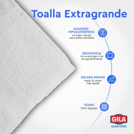 GILA Toalla de Baño Extragrande de Algodón Hipoalergénico Essentials I Paquete de 4 Toallas para Baño Color Blanco (170 x 90 cm)