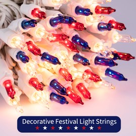 4th of July Decoration Patriotic Mini Lights - 100 Count 25 Feet Red White Blue Incandescent Bulb Waterproof String Lights Plug in for Indoor Outdoor Christmas Party Patio Independence Day Decoration