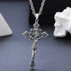 Amavive St Benedict Crucifix Necklace for Men Women, Cross Pendant Sterling Silver Jesus Necklace for Men Boy Crucifixes Pendant