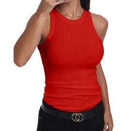 GEMBERA Womens Sleeveless Racerback High Neck Basic Ribbed Knit Fitted Tank Top Red M