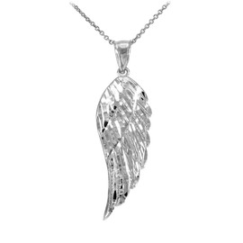 Sideways Crosses Textured 925 Sterling Silver Angel Wing Pendant Necklace (Medium), 20"