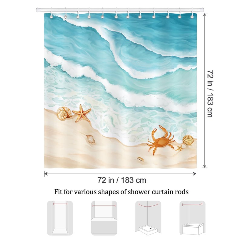 Bonhause Beach Shower Curtain – Teal Blue Ocean Waves Coastal